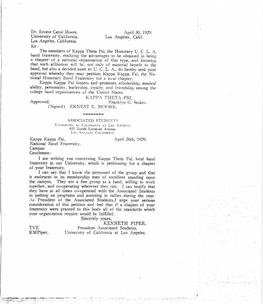1929 - Kappa Theta Psi to Kappa Kappa Psi - 2 - letters from Moore and Piper