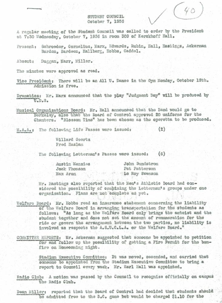 Student Executive Council Minutes, page 1, October 7, 1936