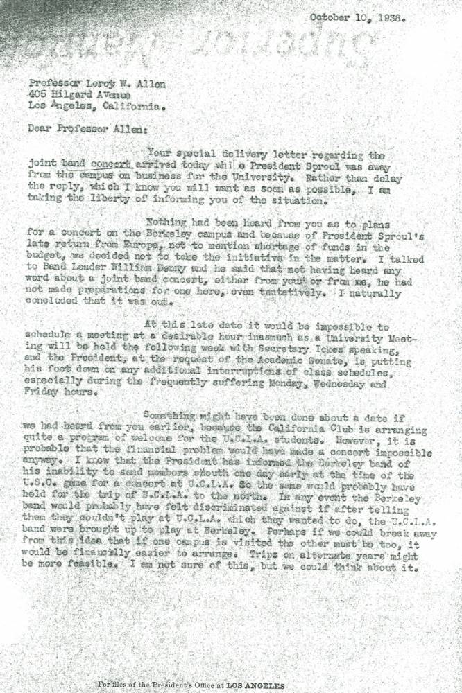 Letter to Leroy Allen, Doubts about Cal trip, page 1, October 10, 1938