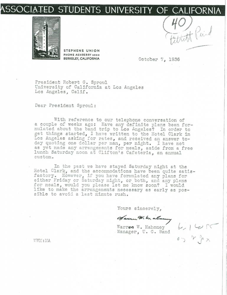 Cal Band Letter to President Sproul regarding Los Angeles trip, October 7, 1936