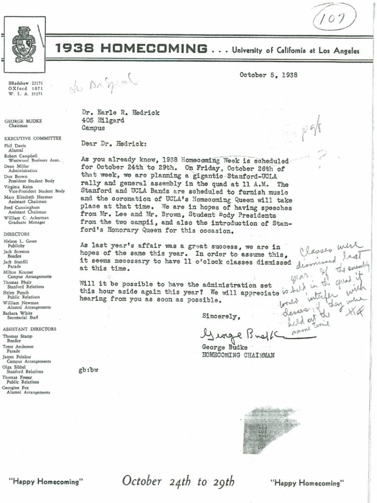 Homecoming Coronation Letter from Homecoming Chairman to Hedrick, October 5, 1938