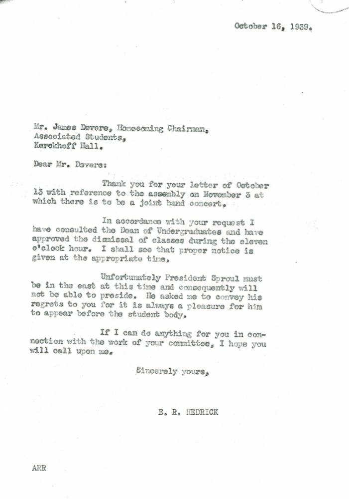 Hedrick approves dismissal for assembly, October 16, 1939