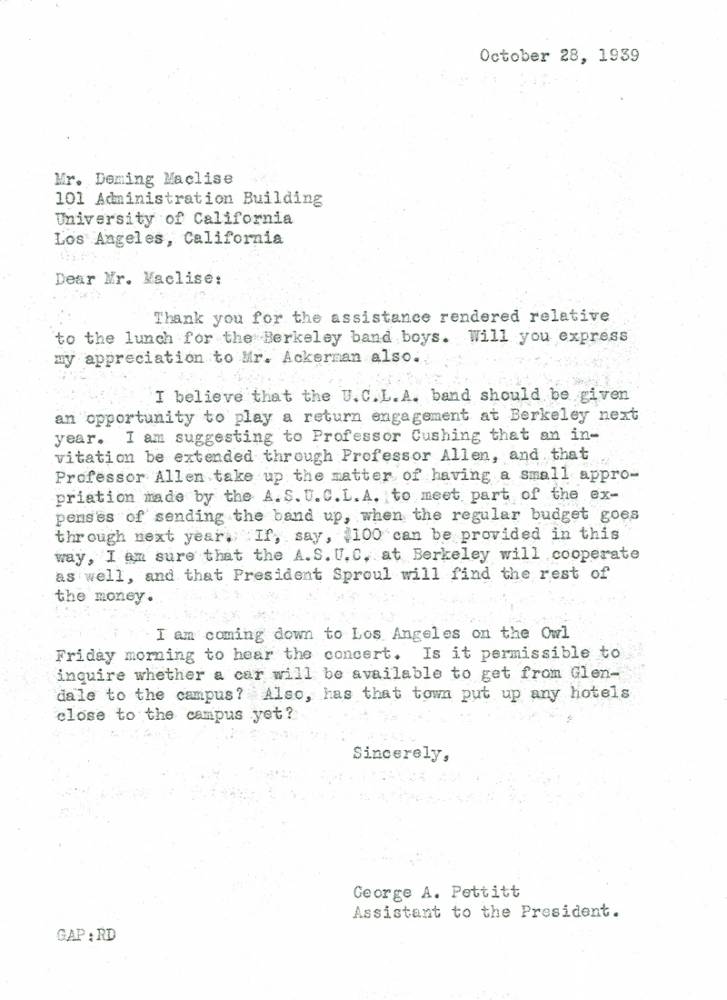 Letter, Pettit to Maclise, Extra funds for Band trip in 1940, October 28, 1939