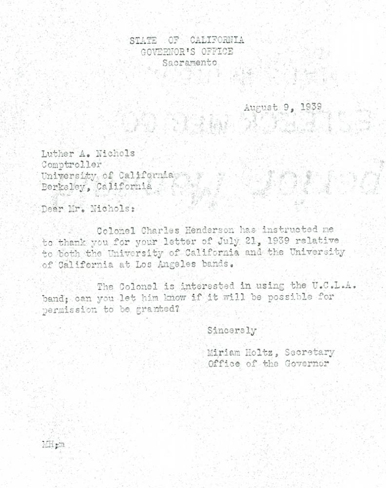 Letter, Colonel Charles Henderson interested in using UCLA Band, August 9, 1939