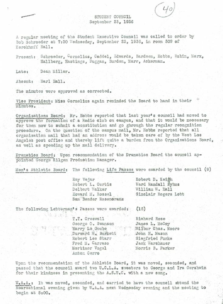 Student Executive Council Minutes, page 1, September 23, 1936