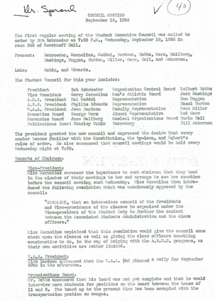 Student Executive Council Minutes, page 1, September 16, 1936
