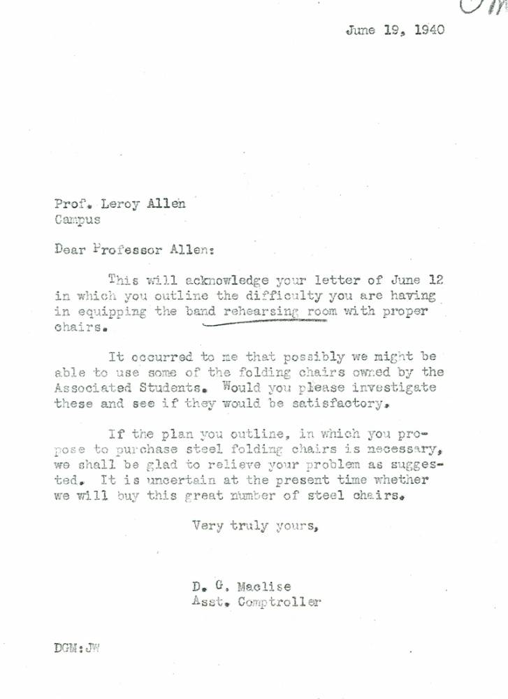 Letter, Maclise to Allen, Rehearsal chairs, June 19, 1940