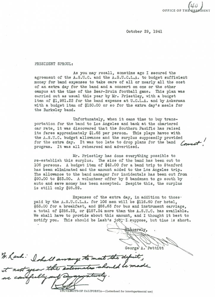 Letter, Pettitt to Sproul, Budget Deficiencies, October 29, 1941