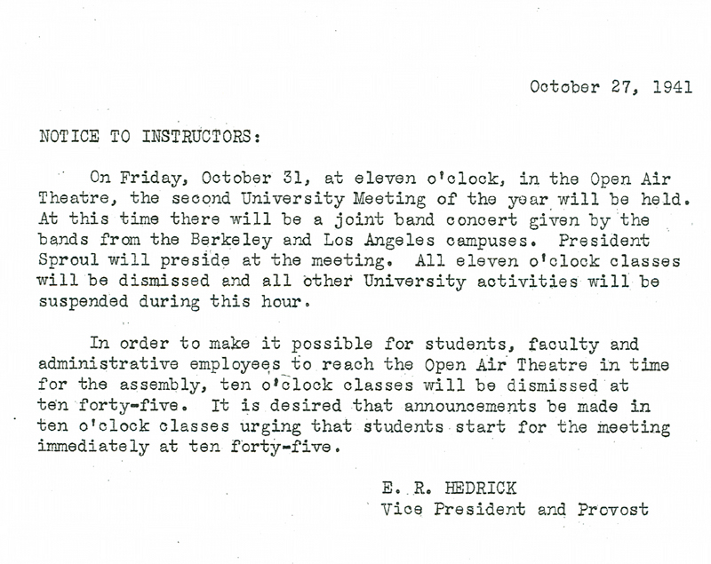 Memorandum, Hedrick to instructors, Joint band concert, October 27, 1941