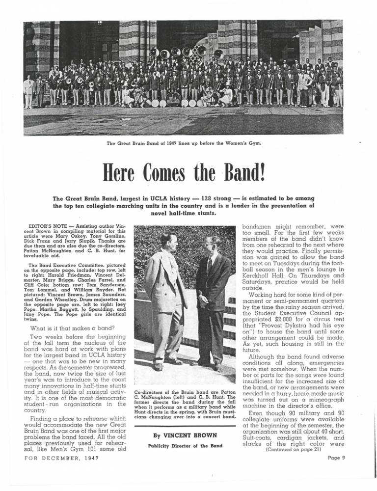 Great Bruin Band, "Largest in UCLA History," UCLA Magazine, 1947