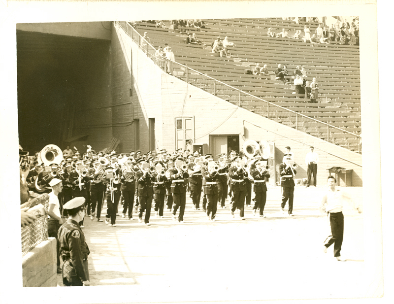 Band marching into Coliseum, Stanford game, October 16, 1948