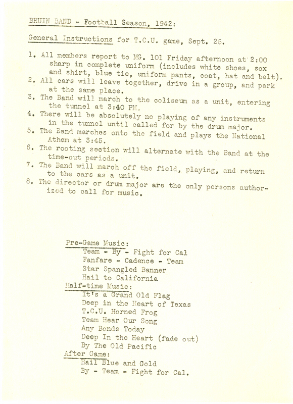 Band Instructions, T.C.U. game, September 25, 1942