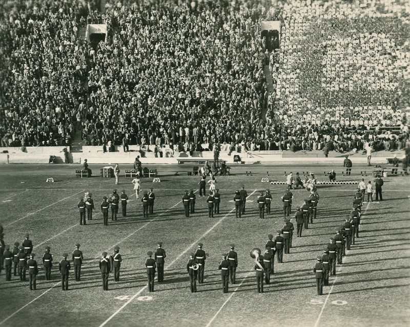 Band on field, St. Mary's football game, Coliseum, 1945