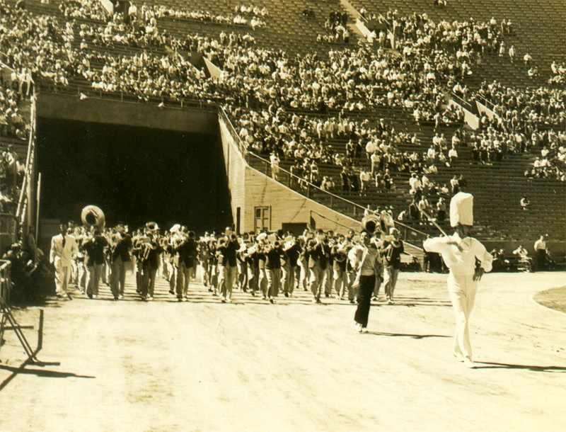Band marching into Coliseum, Stanford game, October 16, 1948