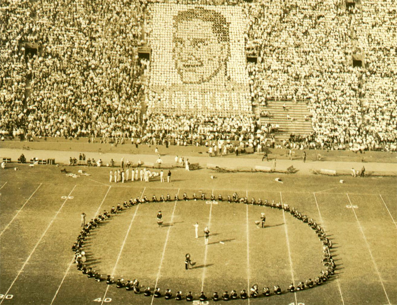 Band sitting in circle, Stanford game, October 16, 1948