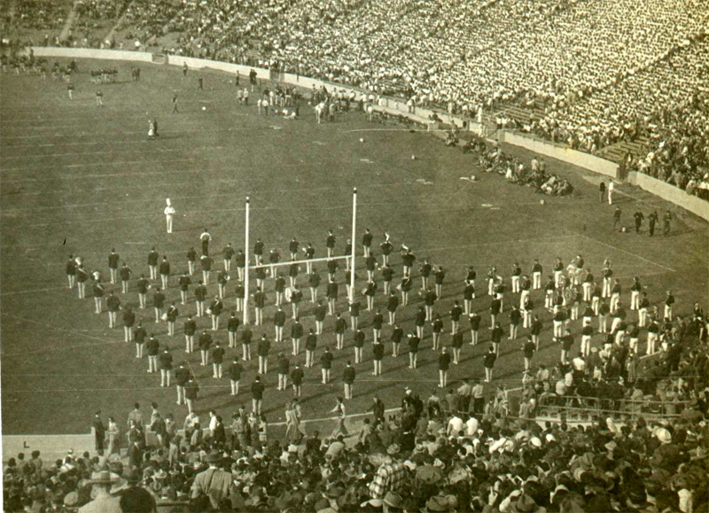 Band lining up at Coliseum, Oregon game, November 12, 1948