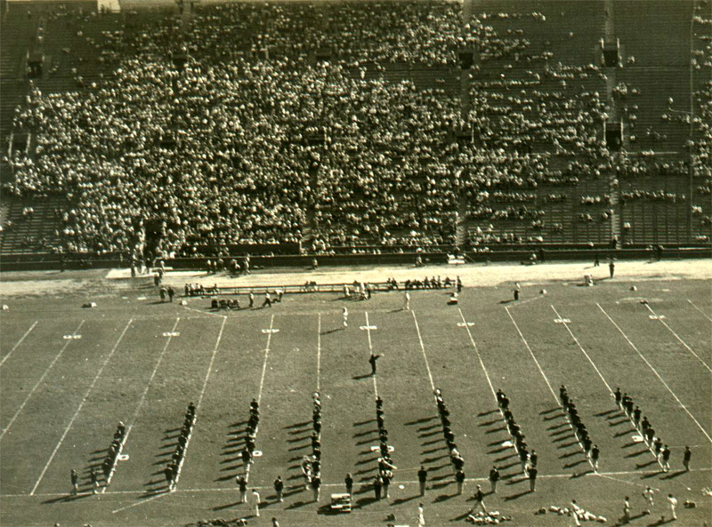 Band lining up, Coliseum, Oregon State game, October 23, 1948