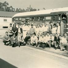 Band outside bus, 1951