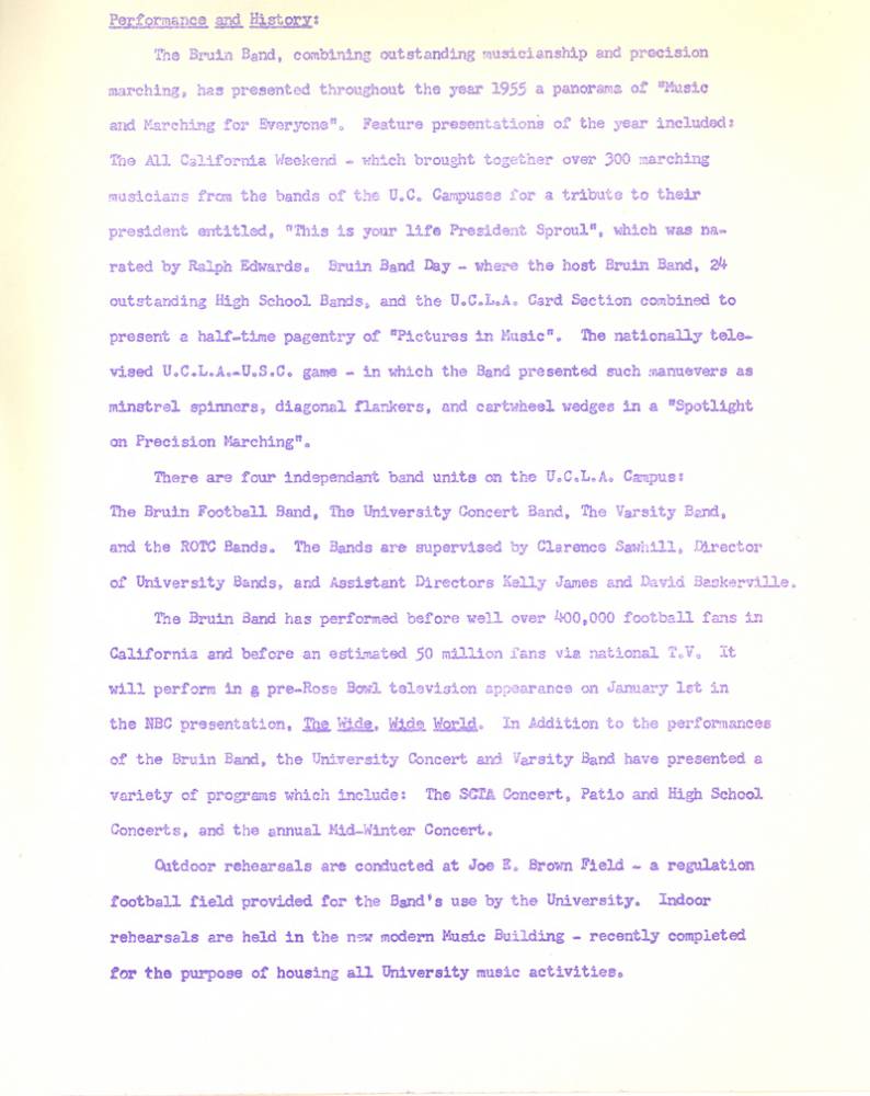 Band's Press Release, page 1, 1956 Rose Bowl, January 2, 1956 