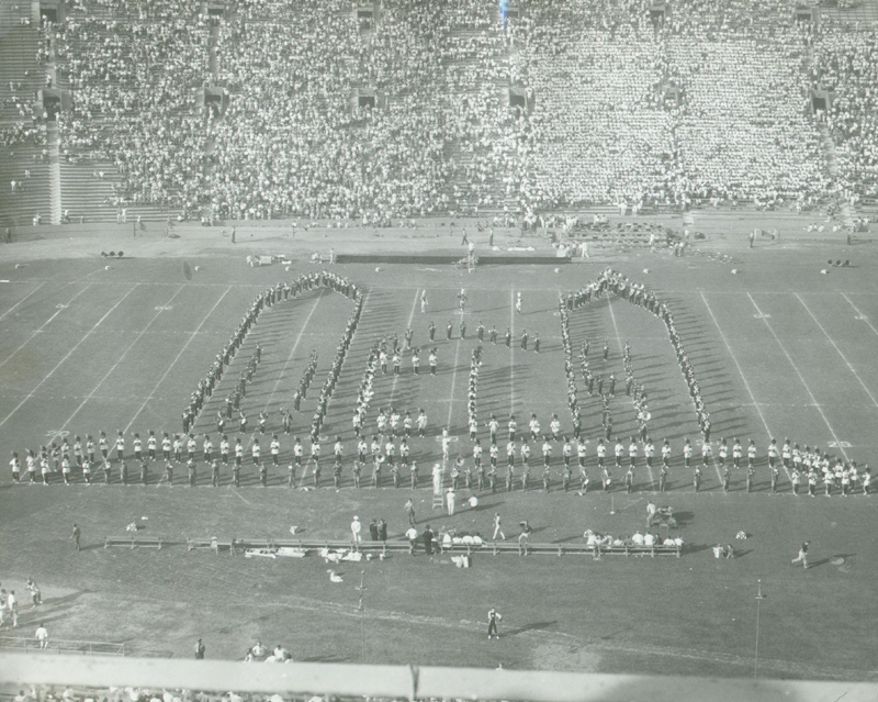 Block UCLA Royce Hall formation, with Cal Band, 1950's