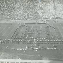 Block UCLA Royce Hall formation, with Cal Band, 1950's