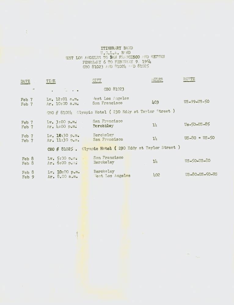 1964 varsity band cal trip itinerary