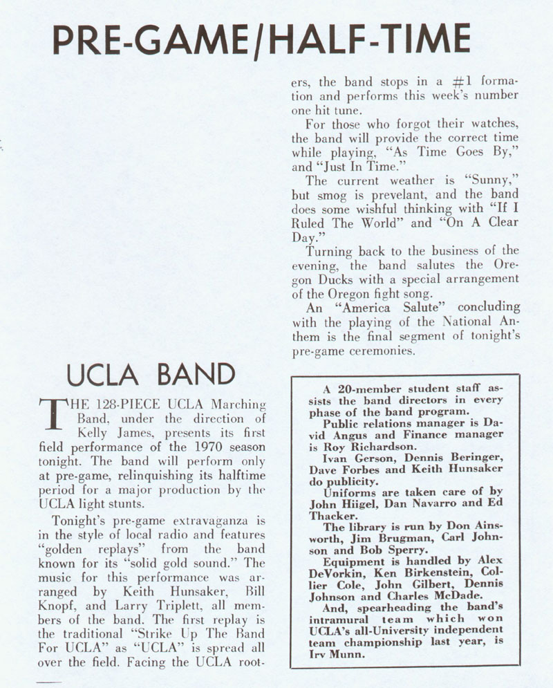 Goal post Band page, Oregon game, October 10, 1970