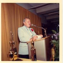 Clarence Sawhill at retirement banquet, 1972
