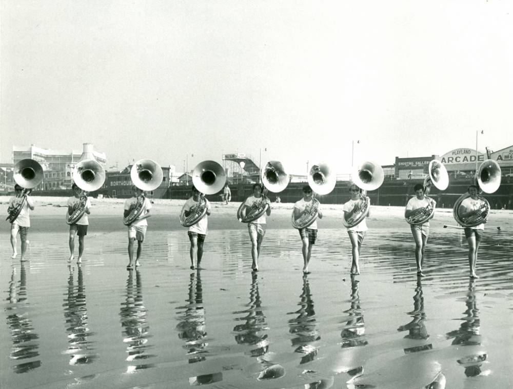 Tuba section on beach, Santa Monica, 1972