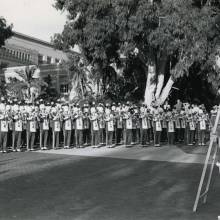 Bill Conti at the dedication of the Bruin Statue, conducting the Band in the premiere performance of "The Mighty Bruins," Bruin Plaza, 1984