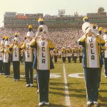 Tim Abel and Eric Kurth, with Mike Hunter just to the left of Tim. Pregame, USC game, November 17, 1984