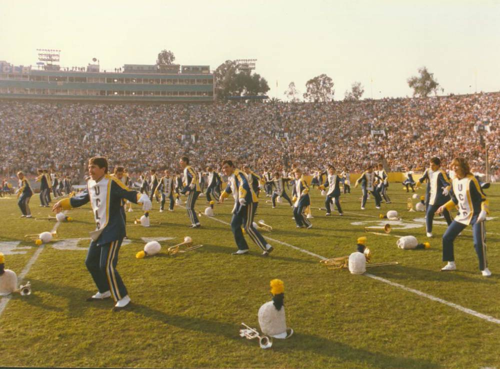 The Band doing its "breakdance" routine to "All Night Long," 1984. Famed dancer (and UCLA cornet player) Odis Medley taught the Band this routine.