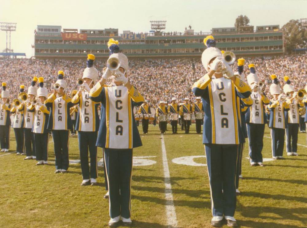 Tim Abel and Eric Kurth, with Mike Hunter just to the left of Tim. Pregame, USC game, November 17, 1984