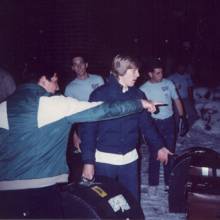 Drumline loading instruments in the snow, 1988 Spartan Marching Percussion Festival trip