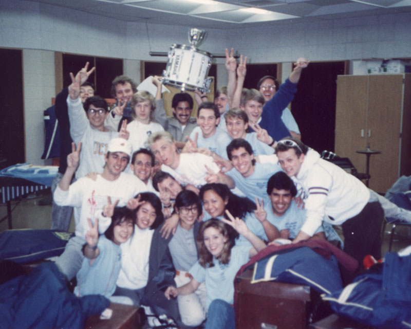 Drumline with championship trophy, 1988 Spartan Marching Percussion Festival, Chicago, Illinois