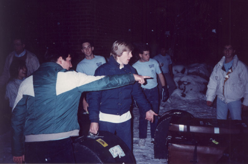 Drumline loading instruments in the snow, 1988 Spartan Marching Percussion Festival trip