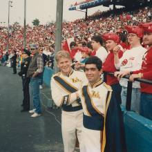 Drum majors Tim Close and Mel Freitas with Arkansas fans, 1989 Cotton Bowl