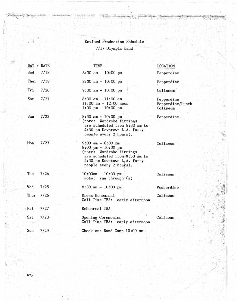 1984 Olympic Band Schedule 7-17-84