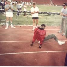 Famed break dance artist and UCLA Cornetist Odis Medley putting on a show, 1984