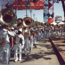 Sousaphones walking into Coliseum, 1984 Summer Olympics