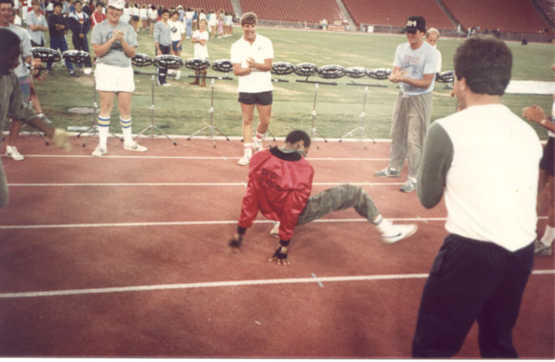 Famed break dance artist and UCLA Cornetist Odis Medley putting on a show, 1984