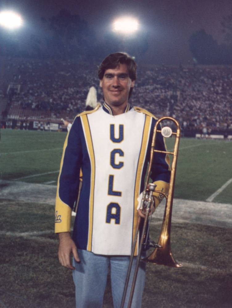 Trombonist John McGinnis models his old uniform, 1996 Band Alumni Reunion