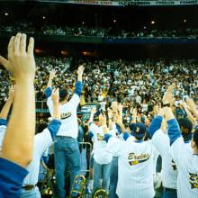 Band cheering with crowd, 1995 Seattle 