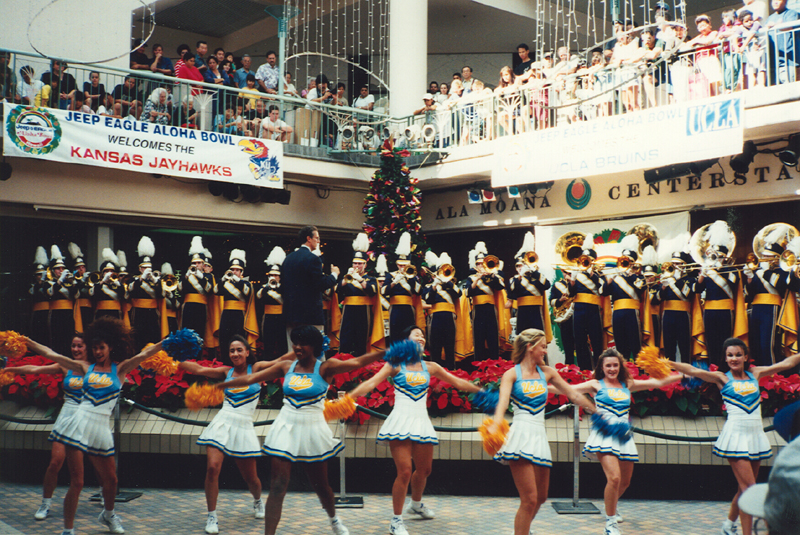 Performing with the Dance Team at the first of two rallies downtown. After this rally, the Band ditched the full uniforms for aloha shirts. December 1995