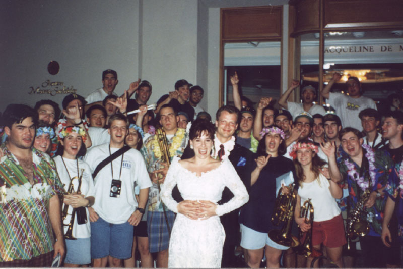 While waiting for the team to arrive for a rally, the Band stumbled across and performed for a wedding reception. 1995 Aloha Bowl, December 19, 1995