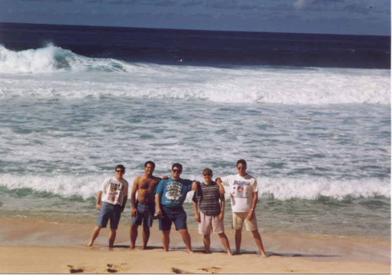 "Nice eyes Belski." On the North Shore: Jeff Panos, Brian Belski, Dave Krimsley, Kevin McKeown, and Tim Galion. 1995 Aloha Bowl, December 1995