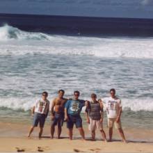 "Nice eyes Belski." On the North Shore: Jeff Panos, Brian Belski, Dave Krimsley, Kevin McKeown, and Tim Galion. 1995 Aloha Bowl, December 1995