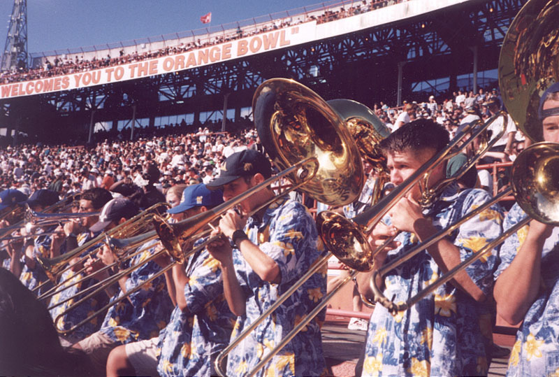 Trombones at the Miami game. Danny Zelman and Andrew Yonce at center, December 5, 1998