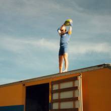 Watermelon thrown from equipment truck, 1990's