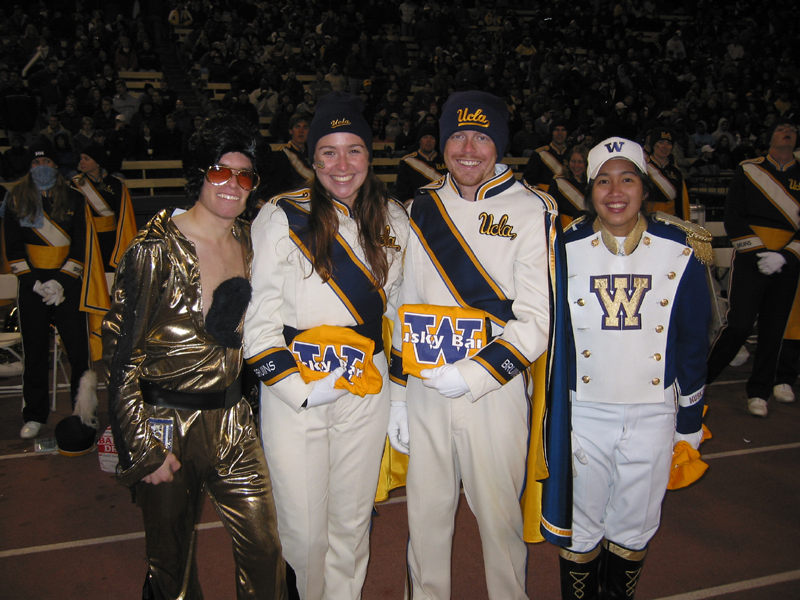 UCLA Drum Majors Laura Montoya and Jay Dillon with the Husky Band Drum Majors, November 2, 2002